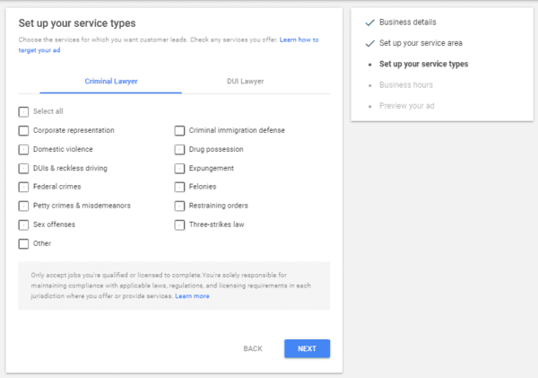 Web page for selecting service types in Google Screened