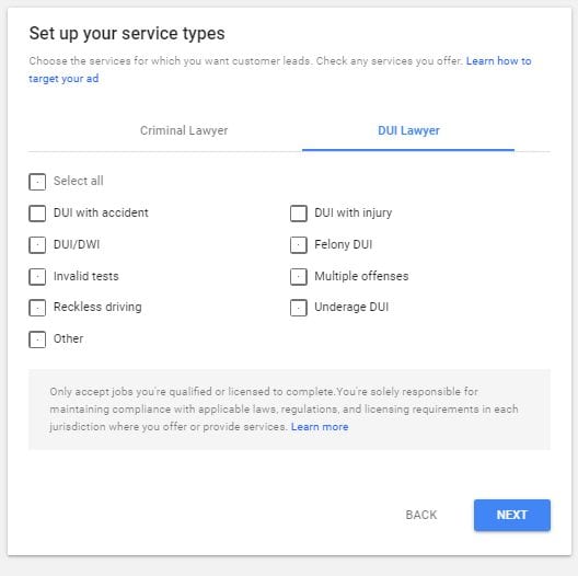 Service type selections for DUI Lawyers in Google Screened
