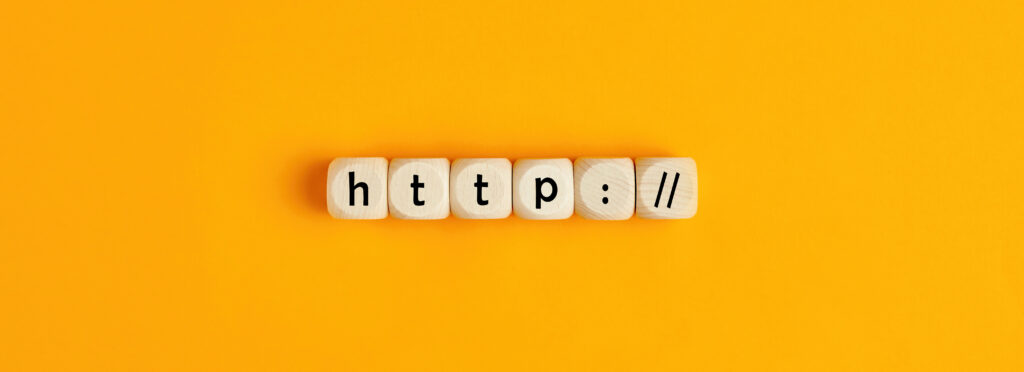 Word http on wooden blocks on yellow background. Flat lay view.