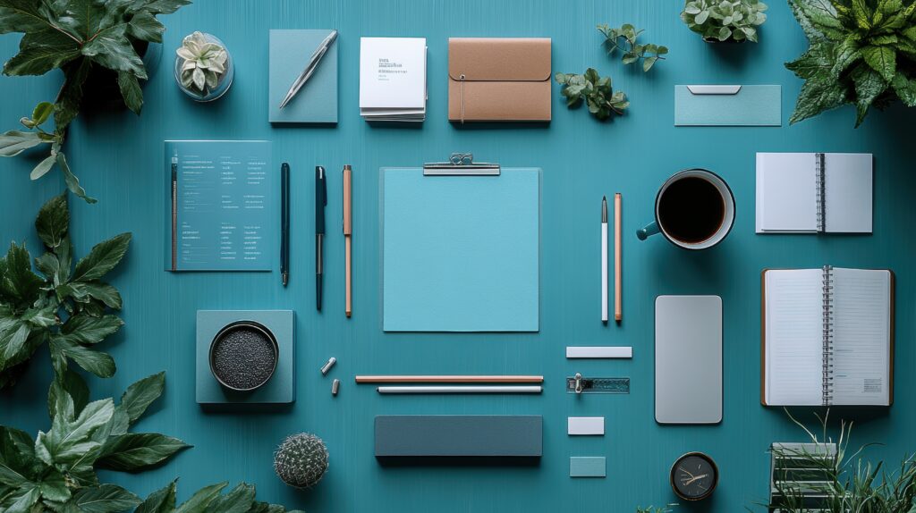Stylish workspace with stationery and plants.