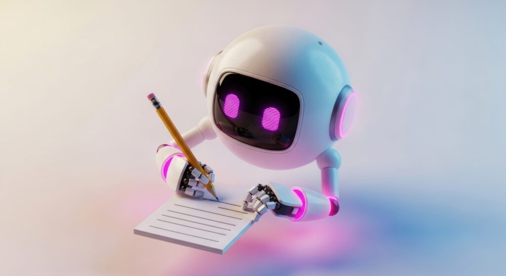 Cute robot writing on paper