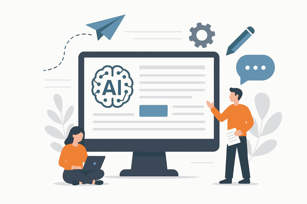 People interacting with AI technology illustration