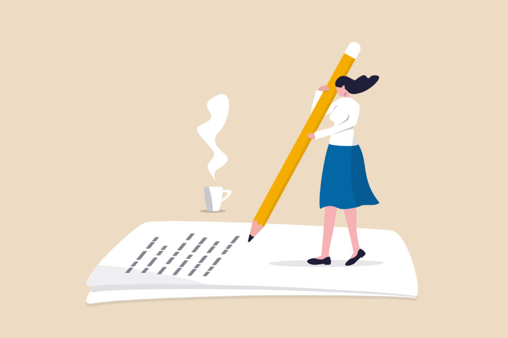 Woman writing on large notepad