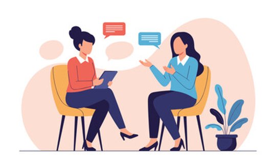 Two women engaged in a conversation or interview, representing expert client communication and original content creation